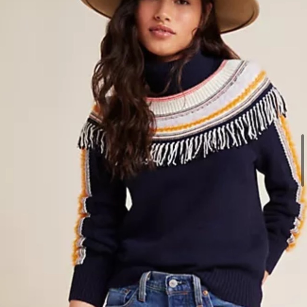 Anthropologie Navy Fringe-Trim Cowl Sweater with Multicolor Yoke